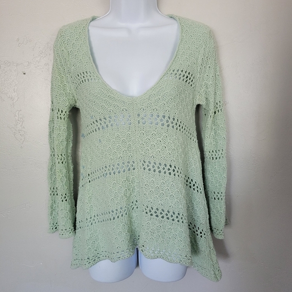 Wooden Ships Light Green Open Knit Sweater S/M V-neck - Picture 1 of 8